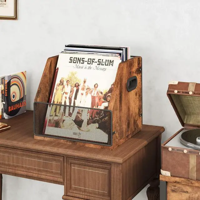 Alt view image 2 of 7 - 2 Pack Vinyl Storage, Record Crates, Metal & Wooden LP Crate