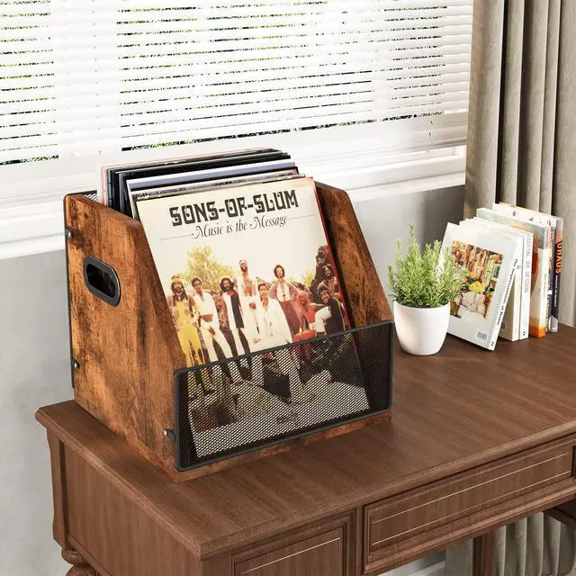 Alt view image 3 of 7 - 2 Pack Vinyl Storage, Record Crates, Metal & Wooden LP Crate