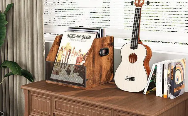 Alt view image 7 of 7 - 2 Pack Vinyl Storage, Record Crates, Metal & Wooden LP Crate
