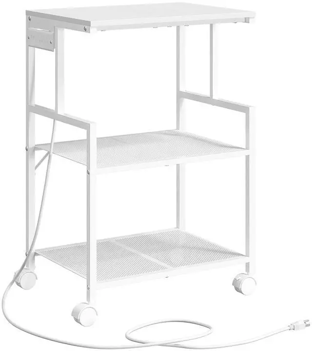 Main image of Mobile Printer Stand, 3-Tier Industrial Printer Cart with 2 AC Outlets and 2 USB Ports, Rolling Printer Table on Wheels for Home Offices Kitchen Organization Rack, White PTWT78E01