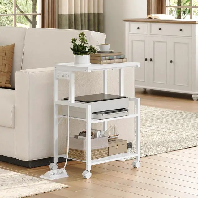 Alt view image 3 of 7 - Mobile Printer Stand, 3-Tier Industrial Printer Cart with 2 AC Outlets and 2 USB Ports, Rolling Printer Table on Wheels for Home Offices Kitchen Organization Rack, White PTWT78E01