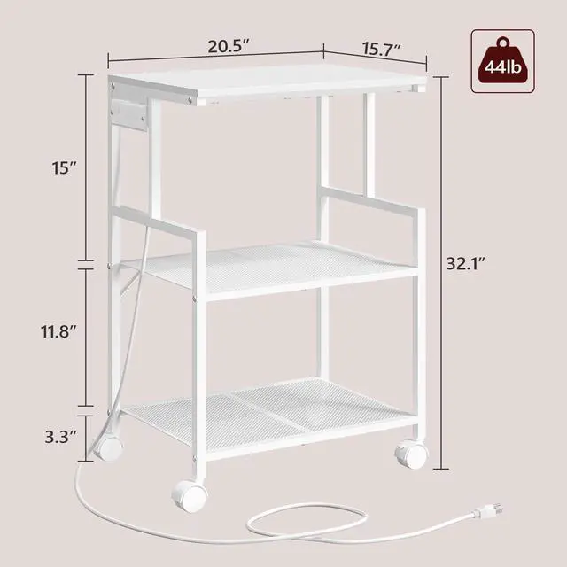 Alt view image 4 of 7 - Mobile Printer Stand, 3-Tier Industrial Printer Cart with 2 AC Outlets and 2 USB Ports, Rolling Printer Table on Wheels for Home Offices Kitchen Organization Rack, White PTWT78E01