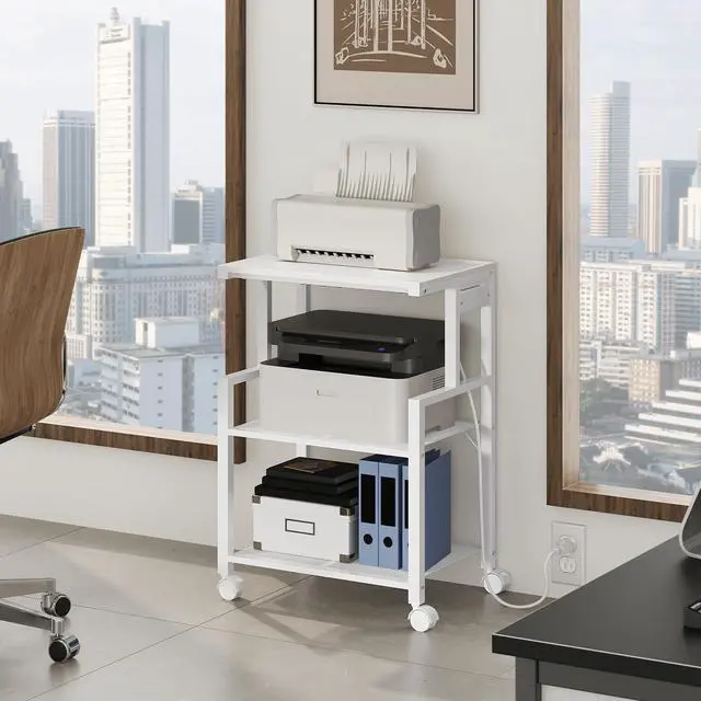 Alt view image 2 of 7 - Mobile Printer Stand, 3-Tier Industrial Printer Cart with 2 AC Outlets and 2 USB Ports, Rolling Printer Table on Wheels for Home Offices Kitchen Organization Rack, White PTWT78E01