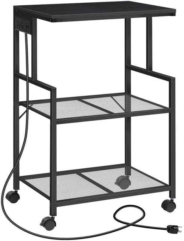 Main image of Mobile Printer Stand, 3-Tier Industrial Printer Cart with Power Outlets and 2 USB Ports, Rolling Printer Table on Wheels for Home Offices Kitchen Organization Rack, Black PTHB78E01