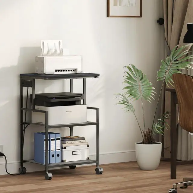 Alt view image 2 of 7 - Mobile Printer Stand, 3-Tier Industrial Printer Cart with Power Outlets and 2 USB Ports, Rolling Printer Table on Wheels for Home Offices Kitchen Organization Rack, Black PTHB78E01