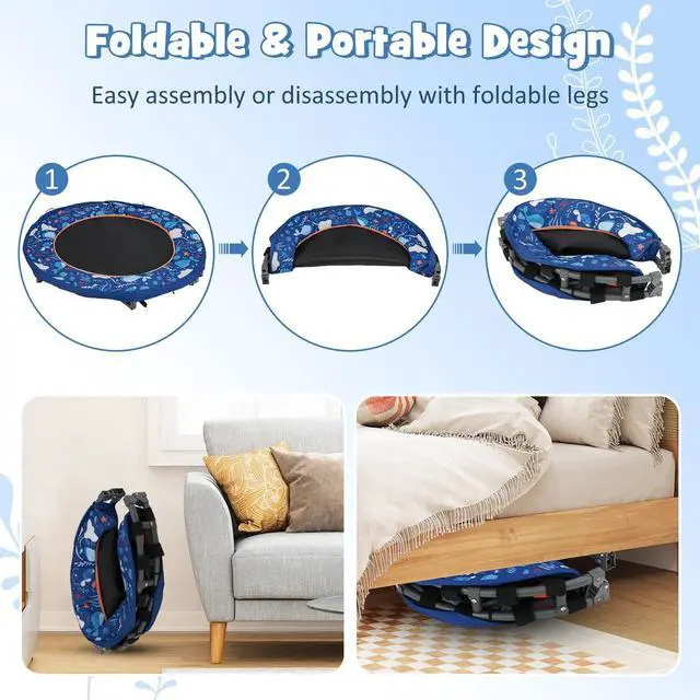 Alt view image 7 of 7 - 36 Toddler Trampoline with Lights, Folding Springless ASTM Approved Small Kids Rebounder with Foam Handle, Safety Padded Cover & Foldable Legs, Mini Indoor Baby Trampolines (Dark Blue)