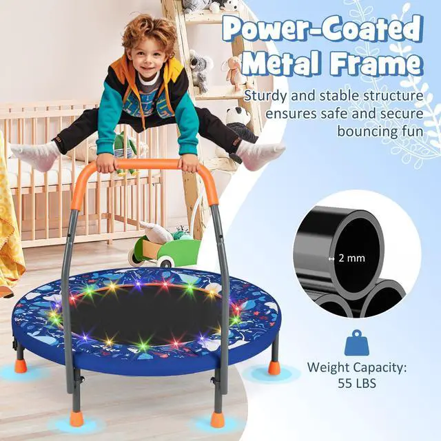 Alt view image 5 of 7 - 36 Toddler Trampoline with Lights, Folding Springless ASTM Approved Small Kids Rebounder with Foam Handle, Safety Padded Cover & Foldable Legs, Mini Indoor Baby Trampolines (Dark Blue)