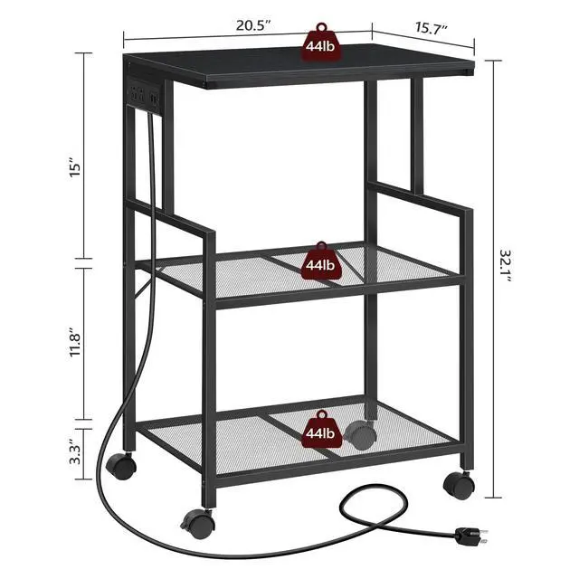 Alt view image 4 of 7 - Mobile Printer Stand, 3-Tier Industrial Printer Cart with Power Outlets and 2 USB Ports, Rolling Printer Table on Wheels for Home Offices Kitchen Organization Rack, Black PTHB78E01