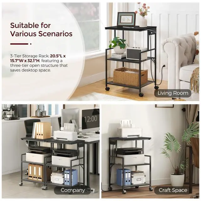 Alt view image 3 of 7 - Mobile Printer Stand, 3-Tier Industrial Printer Cart with Power Outlets and 2 USB Ports, Rolling Printer Table on Wheels for Home Offices Kitchen Organization Rack, Black PTHB78E01
