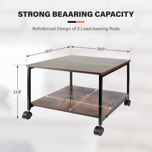Alt view image 2 of 6 - Printer Stand,19.5''x19.5''x12.8'' 2 Tier Large Printer Laser Table Heavy Duty Rolling Printer Cart with Wheels for Home Office -100 LBS Each Tier