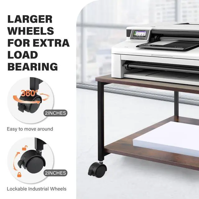 Alt view image 4 of 6 - Printer Stand,19.5''x19.5''x12.8'' 2 Tier Large Printer Laser Table Heavy Duty Rolling Printer Cart with Wheels for Home Office -100 LBS Each Tier