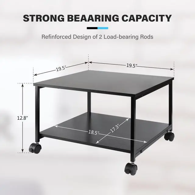 Alt view image 2 of 6 - 2-Tier Under Desk Printer Stand w/Storage - 19.5x19.5x12.8''Heavy Duty Rolling Cart, Mobile Printer Table with Lockable Wheels for Home Office Organization - Industrial Style