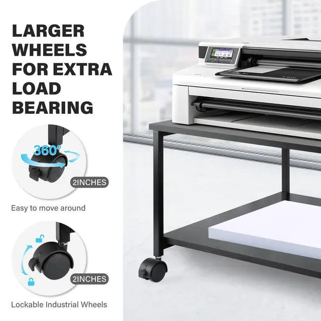 Alt view image 4 of 6 - 2-Tier Under Desk Printer Stand w/Storage - 19.5x19.5x12.8''Heavy Duty Rolling Cart, Mobile Printer Table with Lockable Wheels for Home Office Organization - Industrial Style