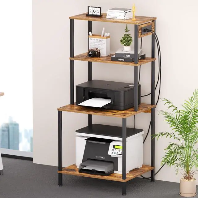 Main image of Large Printer Stand with Charging Station, Printer Table for Home Office | 49"Tall 4-Tier Printer Stand with Storage, Mobile Heavy Duty Printer Table with Lockable Wheels, Storage Shelf (Rustic Brown)
