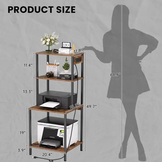 Alt view image 3 of 7 - Large Printer Stand with Charging Station, Printer Table for Home Office | 49"Tall 4-Tier Printer Stand with Storage, Mobile Heavy Duty Printer Table with Lockable Wheels, Storage Shelf (Rustic Brown)