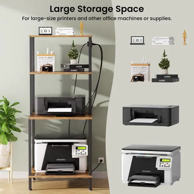 Alt view image 2 of 7 - Large Printer Stand with Charging Station, Printer Table for Home Office | 49"Tall 4-Tier Printer Stand with Storage, Mobile Heavy Duty Printer Table with Lockable Wheels, Storage Shelf (Rustic Brown)