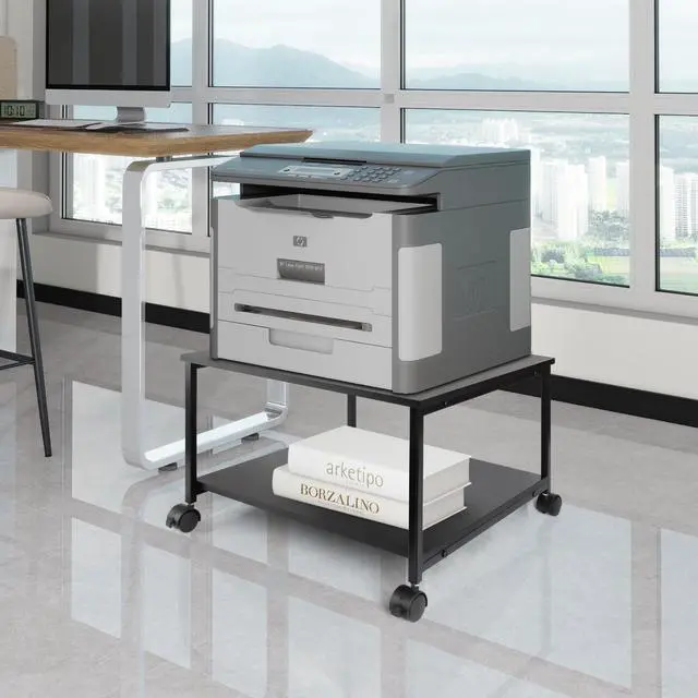 Alt view image 6 of 6 - 2-Tier Under Desk Printer Stand w/Storage - 19.5x19.5x12.8''Heavy Duty Rolling Cart, Mobile Printer Table with Lockable Wheels for Home Office Organization - Industrial Style