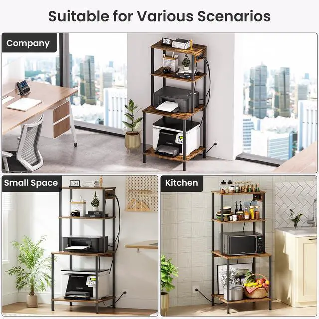 Alt view image 6 of 7 - Large Printer Stand with Charging Station, Printer Table for Home Office | 49"Tall 4-Tier Printer Stand with Storage, Mobile Heavy Duty Printer Table with Lockable Wheels, Storage Shelf (Rustic Brown)