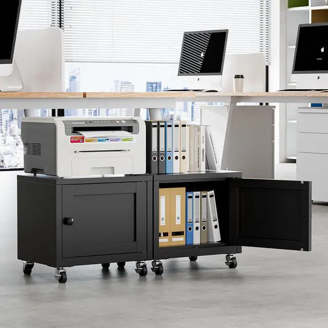 Alt view image 2 of 7 - Small Printer Stand with Storage, Home Office Printer Table for Small Spaces, Under-Desk 3D Printer Stand with Wheels, for Office Copier and Fax Machine, Black