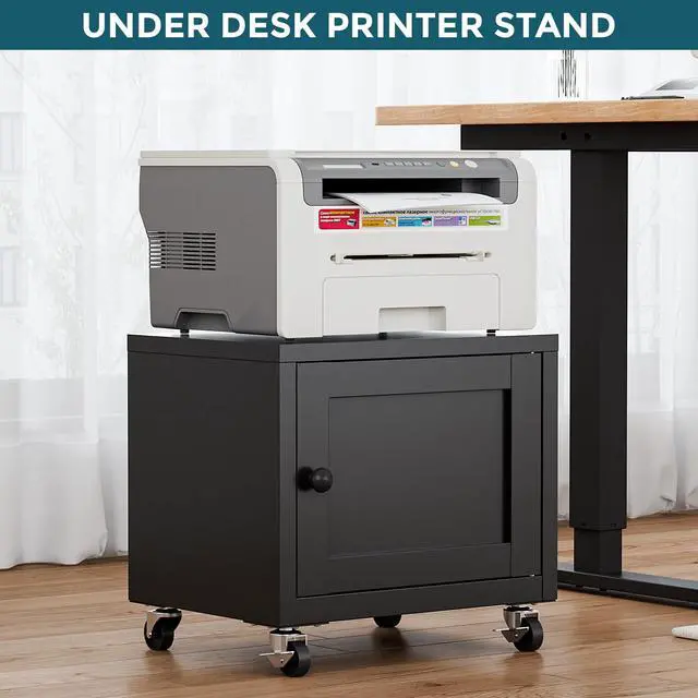 Alt view image 3 of 7 - Small Printer Stand with Storage, Home Office Printer Table for Small Spaces, Under-Desk 3D Printer Stand with Wheels, for Office Copier and Fax Machine, Black