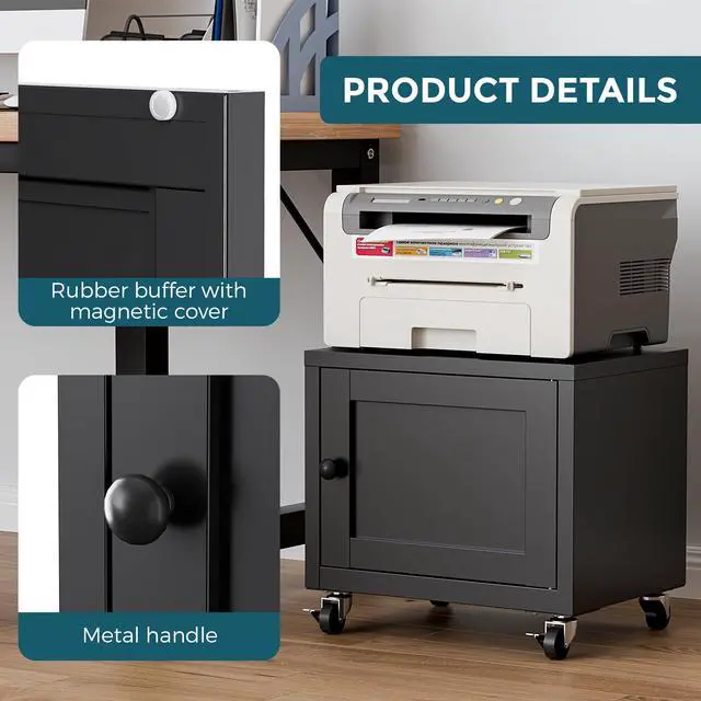 Alt view image 5 of 7 - Small Printer Stand with Storage, Home Office Printer Table for Small Spaces, Under-Desk 3D Printer Stand with Wheels, for Office Copier and Fax Machine, Black