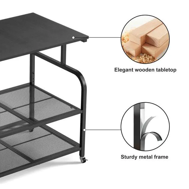Alt view image 7 of 7 - Mobile Printer Stand with Large Desktop - 3 Tier Shelf, 24.4 Inch Height, Wooden Organizer for Home&Office, Black