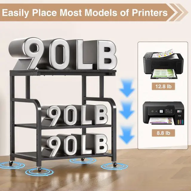 Alt view image 3 of 7 - Mobile Printer Stand with Large Desktop - 3 Tier Shelf, 24.4 Inch Height, Wooden Organizer for Home&Office, Black