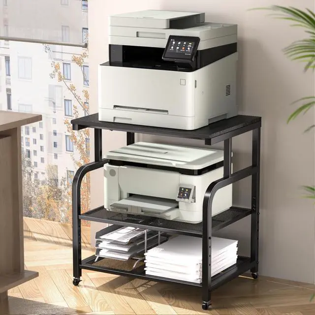 Main image of Mobile Printer Stand with Large Desktop - 3 Tier Shelf, 24.4 Inch Height, Wooden Organizer for Home&Office, Black