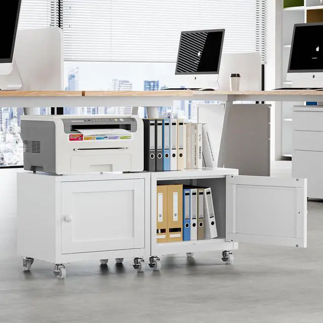 Alt view image 2 of 7 - Small Printer Stand with Storage, Home Office Printer Table for Small Spaces, Under-Desk 3D Printer Stand with Wheels, for Office Copier and Fax Machine, White
