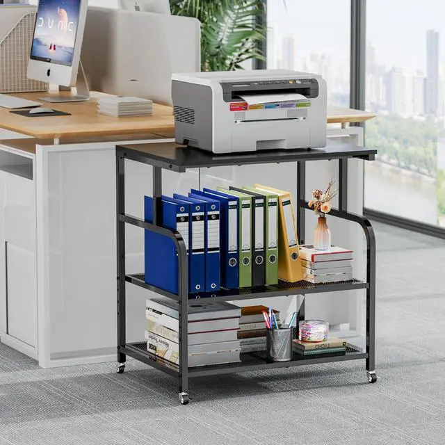 Alt view image 2 of 7 - Mobile Printer Stand with Large Desktop - 3 Tier Shelf, 24.4 Inch Height, Wooden Organizer for Home&Office, Black