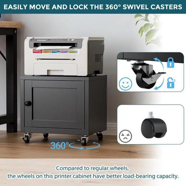 Alt view image 7 of 7 - Small Printer Stand with Storage, Home Office Printer Table for Small Spaces, Under-Desk 3D Printer Stand with Wheels, for Office Copier and Fax Machine, Black