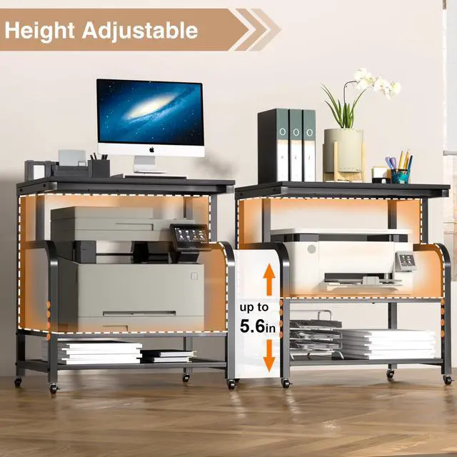 Alt view image 4 of 7 - Mobile Printer Stand with Large Desktop - 3 Tier Shelf, 24.4 Inch Height, Wooden Organizer for Home&Office, Black