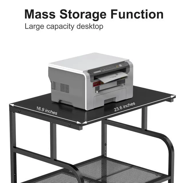 Alt view image 6 of 7 - Mobile Printer Stand with Large Desktop - 3 Tier Shelf, 24.4 Inch Height, Wooden Organizer for Home&Office, Black