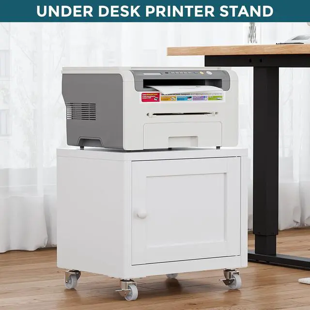 Alt view image 3 of 7 - Small Printer Stand with Storage, Home Office Printer Table for Small Spaces, Under-Desk 3D Printer Stand with Wheels, for Office Copier and Fax Machine, White
