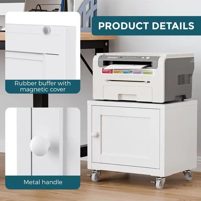 Alt view image 5 of 7 - Small Printer Stand with Storage, Home Office Printer Table for Small Spaces, Under-Desk 3D Printer Stand with Wheels, for Office Copier and Fax Machine, White