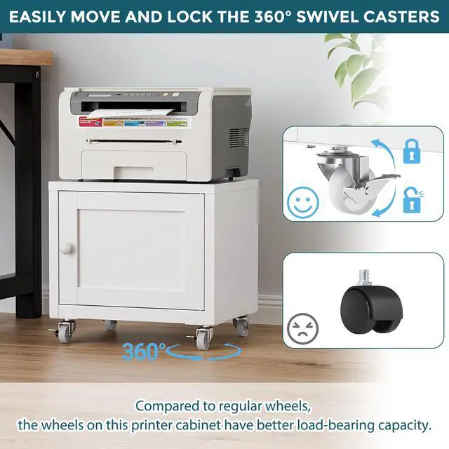 Alt view image 7 of 7 - Small Printer Stand with Storage, Home Office Printer Table for Small Spaces, Under-Desk 3D Printer Stand with Wheels, for Office Copier and Fax Machine, White
