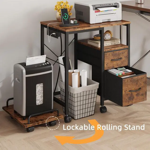 Alt view image 2 of 7 - Printer Stand with Power Outlet/Drawers, Printer and Shredder Stand | 22.8"x15"Top,Printer Desk with Storage Shelf,Rolling Table Cart with Lockable Wheels&Feet,Home Office,Rustic Brown