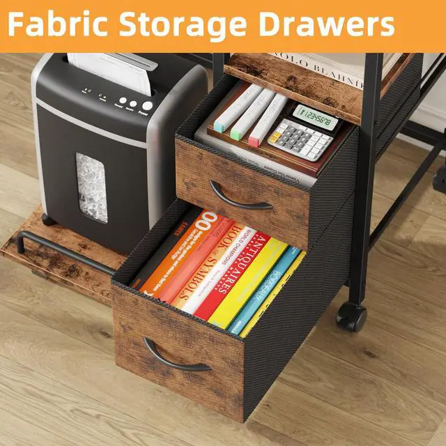 Alt view image 4 of 7 - Printer Stand with Power Outlet/Drawers, Printer and Shredder Stand | 22.8"x15"Top,Printer Desk with Storage Shelf,Rolling Table Cart with Lockable Wheels&Feet,Home Office,Rustic Brown
