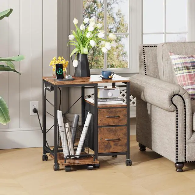 Alt view image 6 of 7 - Printer Stand with Power Outlet/Drawers, Printer and Shredder Stand | 22.8"x15"Top,Printer Desk with Storage Shelf,Rolling Table Cart with Lockable Wheels&Feet,Home Office,Rustic Brown