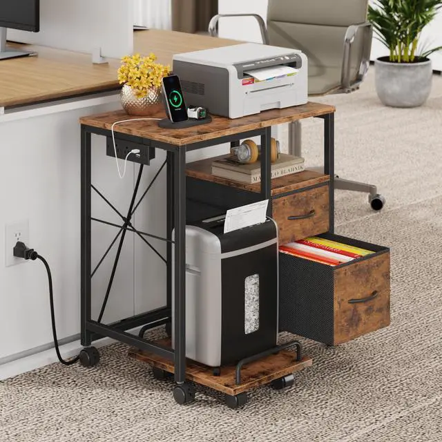 Alt view image 5 of 7 - Printer Stand with Power Outlet/Drawers, Printer and Shredder Stand | 22.8"x15"Top,Printer Desk with Storage Shelf,Rolling Table Cart with Lockable Wheels&Feet,Home Office,Rustic Brown
