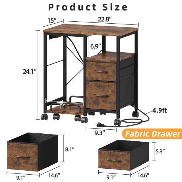 Alt view image 7 of 7 - Printer Stand with Power Outlet/Drawers, Printer and Shredder Stand | 22.8"x15"Top,Printer Desk with Storage Shelf,Rolling Table Cart with Lockable Wheels&Feet,Home Office,Rustic Brown