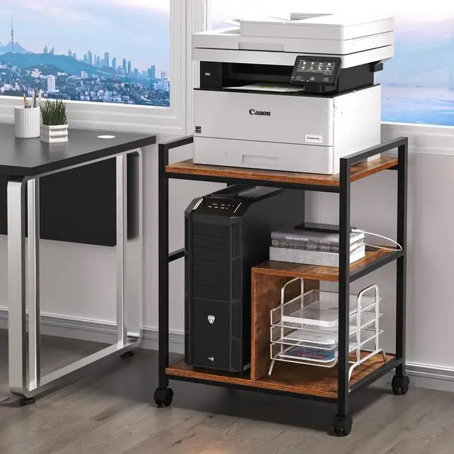 Main image of Printer Stand with Charging Station and USB Ports, Large 3-Tier Mobile Printer Table with Storage Shelf, Brown Rolling Industrial Printer Cart with Lockable Wheels for Home Office