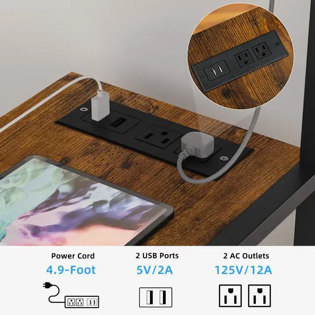 Alt view image 6 of 7 - Printer Stand with Charging Station and USB Ports, Large 3-Tier Mobile Printer Table with Storage Shelf, Brown Rolling Industrial Printer Cart with Lockable Wheels for Home Office