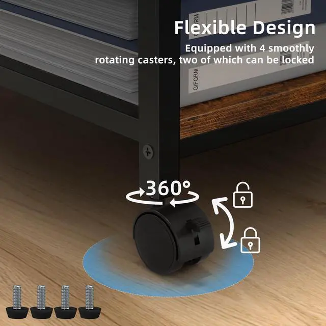 Alt view image 4 of 7 - Printer Stand with Charging Station and USB Ports, Large 3-Tier Mobile Printer Table with Storage Shelf, Brown Rolling Industrial Printer Cart with Lockable Wheels for Home Office