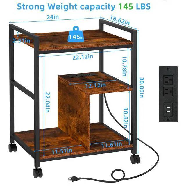 Alt view image 2 of 7 - Printer Stand with Charging Station and USB Ports, Large 3-Tier Mobile Printer Table with Storage Shelf, Brown Rolling Industrial Printer Cart with Lockable Wheels for Home Office