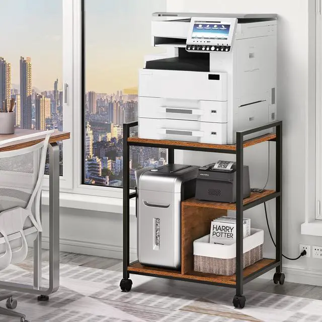 Alt view image 3 of 7 - Printer Stand with Charging Station and USB Ports, Large 3-Tier Mobile Printer Table with Storage Shelf, Brown Rolling Industrial Printer Cart with Lockable Wheels for Home Office