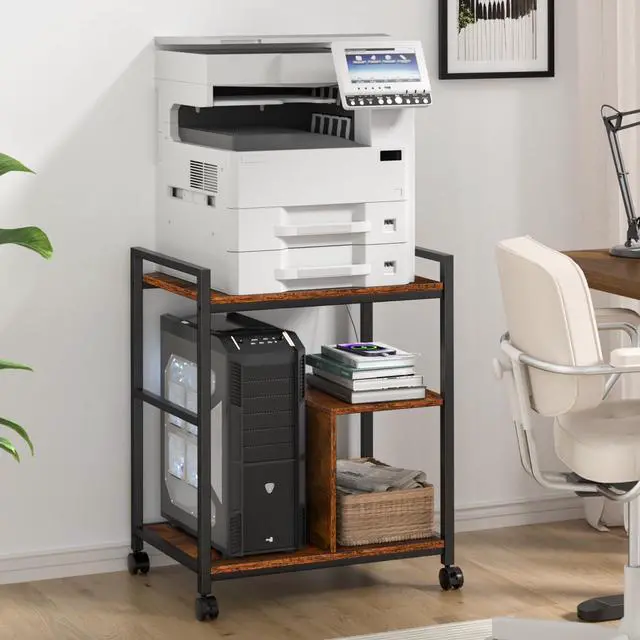 Alt view image 7 of 7 - Printer Stand with Charging Station and USB Ports, Large 3-Tier Mobile Printer Table with Storage Shelf, Brown Rolling Industrial Printer Cart with Lockable Wheels for Home Office