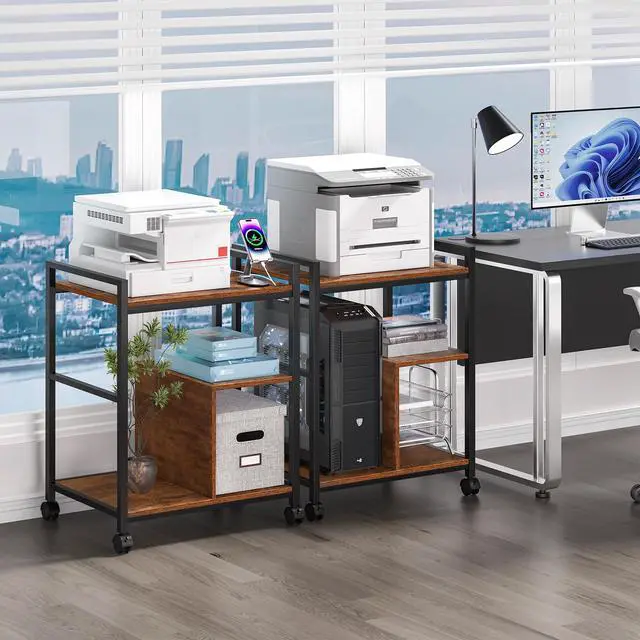 Alt view image 5 of 7 - Printer Stand with Charging Station and USB Ports, Large 3-Tier Mobile Printer Table with Storage Shelf, Brown Rolling Industrial Printer Cart with Lockable Wheels for Home Office