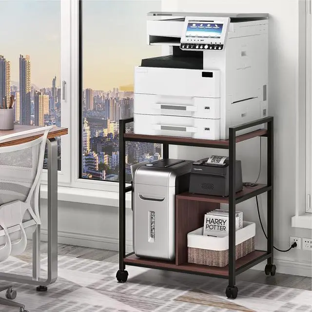 Alt view image 3 of 7 - 24" Wide Large Printer Stand with Storage, Printer Table for Home Office with Charging Station, Rolling Industrial Mobile Printer Cart with Lockable Wheels, Computer Tower Stand, Walnut