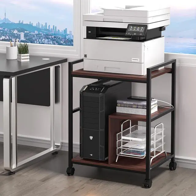 Main image of 24" Wide Large Printer Stand with Storage, Printer Table for Home Office with Charging Station, Rolling Industrial Mobile Printer Cart with Lockable Wheels, Computer Tower Stand, Walnut